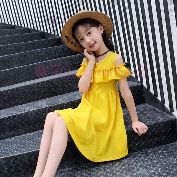 ワンピース オフショルダーワンピース Aライン 子供服 女の子 キッズ服 フリル ノースリーブ イエロー グリーン ピンク