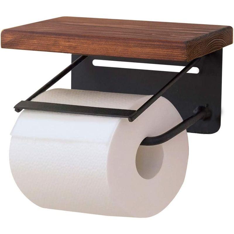 販売トイレットペーパーホルダー シングル ブラウン パイン材 オイル仕上げ 小物置き 棚 2個取付 天然木 簡単設 トイレ用ペーパーホルダー 