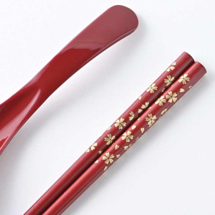若狭塗箸とれんげのセット 金小花 赤 お箸 スプーン 食洗機対応 日本製