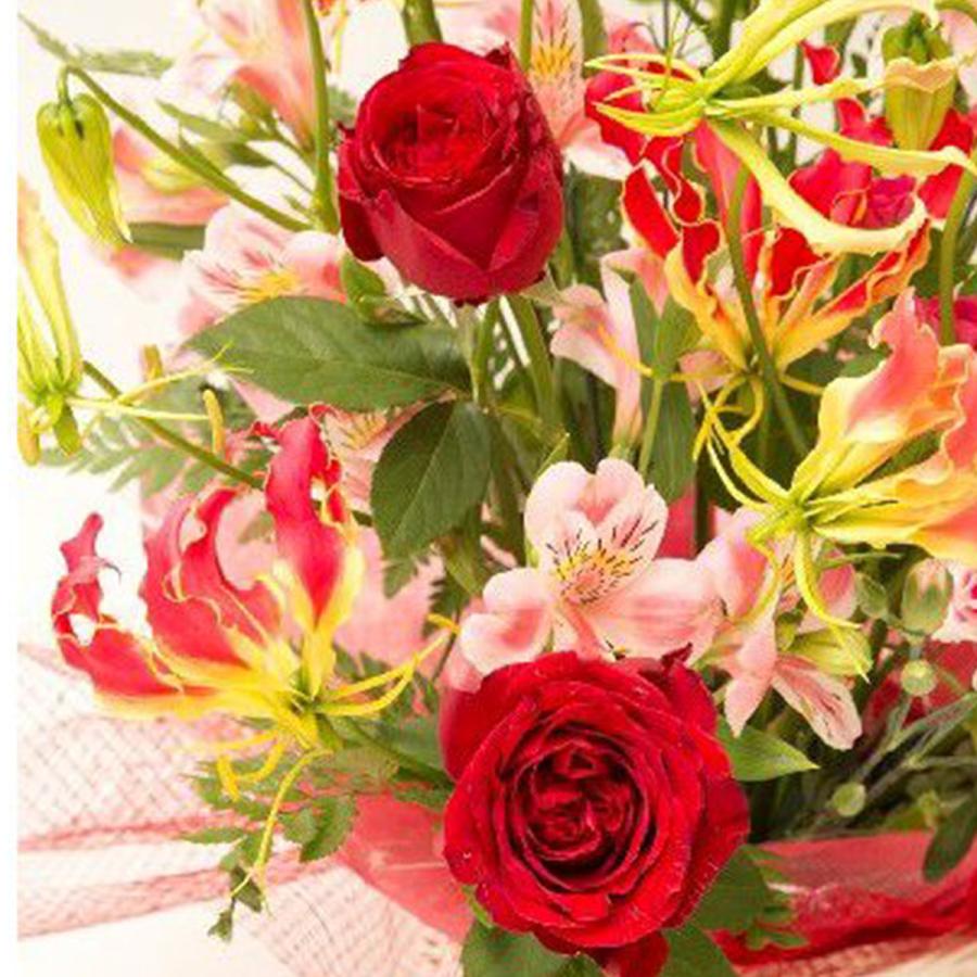 お祝い用アレンジメント(赤バラ)。送料・手数料無料。メッセージカード付。｜hana-sandlot｜01