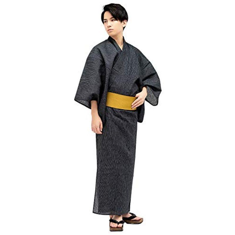キョウエツ 浴衣 メンズ セット ゆかた 男性 黒 紺 グレー 帯 下駄 腰紐 綿 麻 しじら 無地 ストライプ おしゃれ C 4点セッ 在庫あり