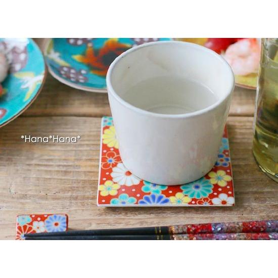 青郊 九谷焼 青郊窯 色絵角皿コースター 【花柄】 スクエア