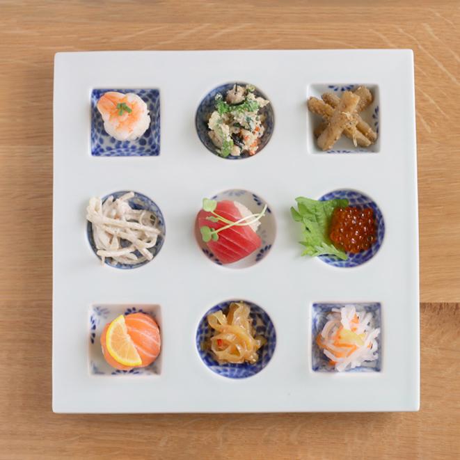 染付三柄文様 正角9つ仕切り皿 24.8cm // 和食器 食器 有田焼 皿 大皿