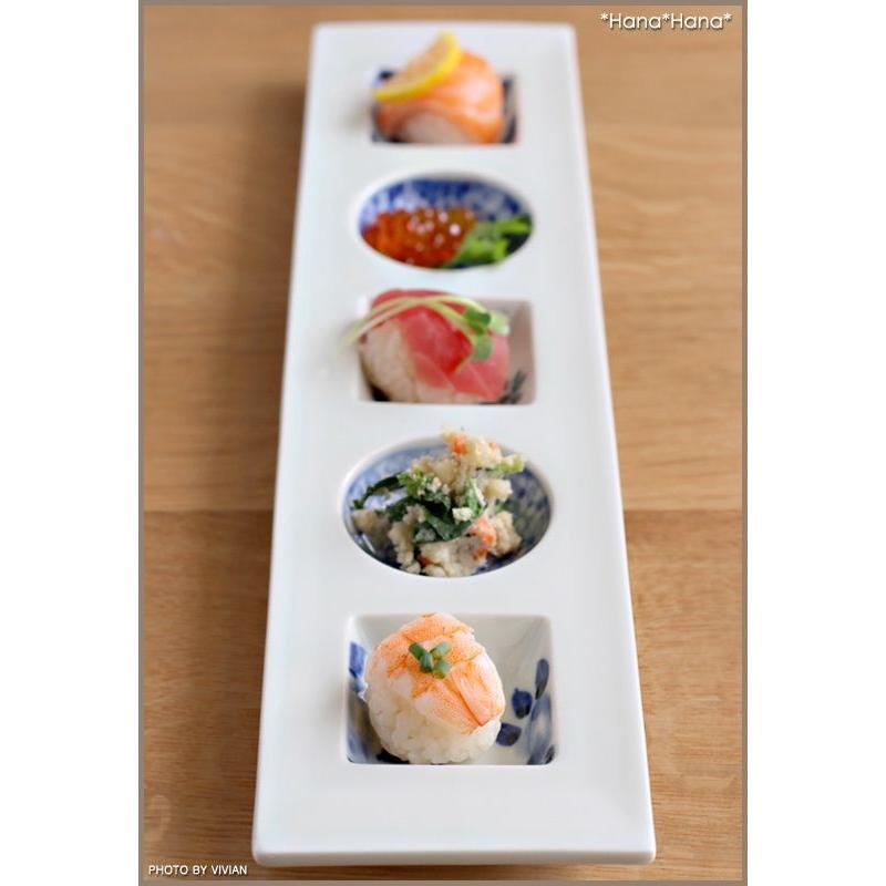 染付五柄文様 細長5つ仕切り皿 36.8x9cm // 和食器 食器 有田焼 皿