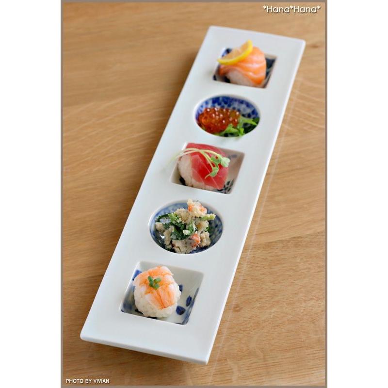 染付五柄文様 細長5つ仕切り皿 36.8x9cm // 和食器 食器 有田焼 皿