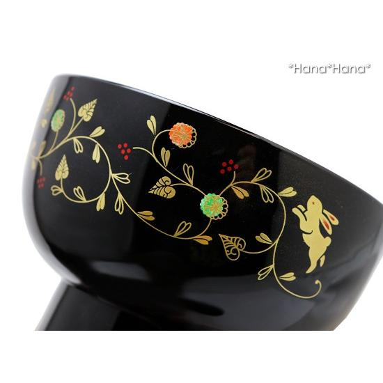 うさぎ唐草 ふた付き 高台 雑煮椀 13.5cm (黒内朱 ブラック) 漆器 山中