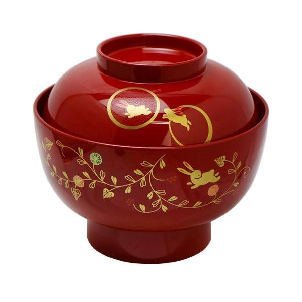 うさぎ唐草 ふた付き 高台 雑煮椀 13.5cm (総朱 レッド) 漆器 山中塗