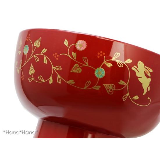 うさぎ唐草 ふた付き 高台 雑煮椀 13.5cm (総朱 レッド) 漆器 山中塗