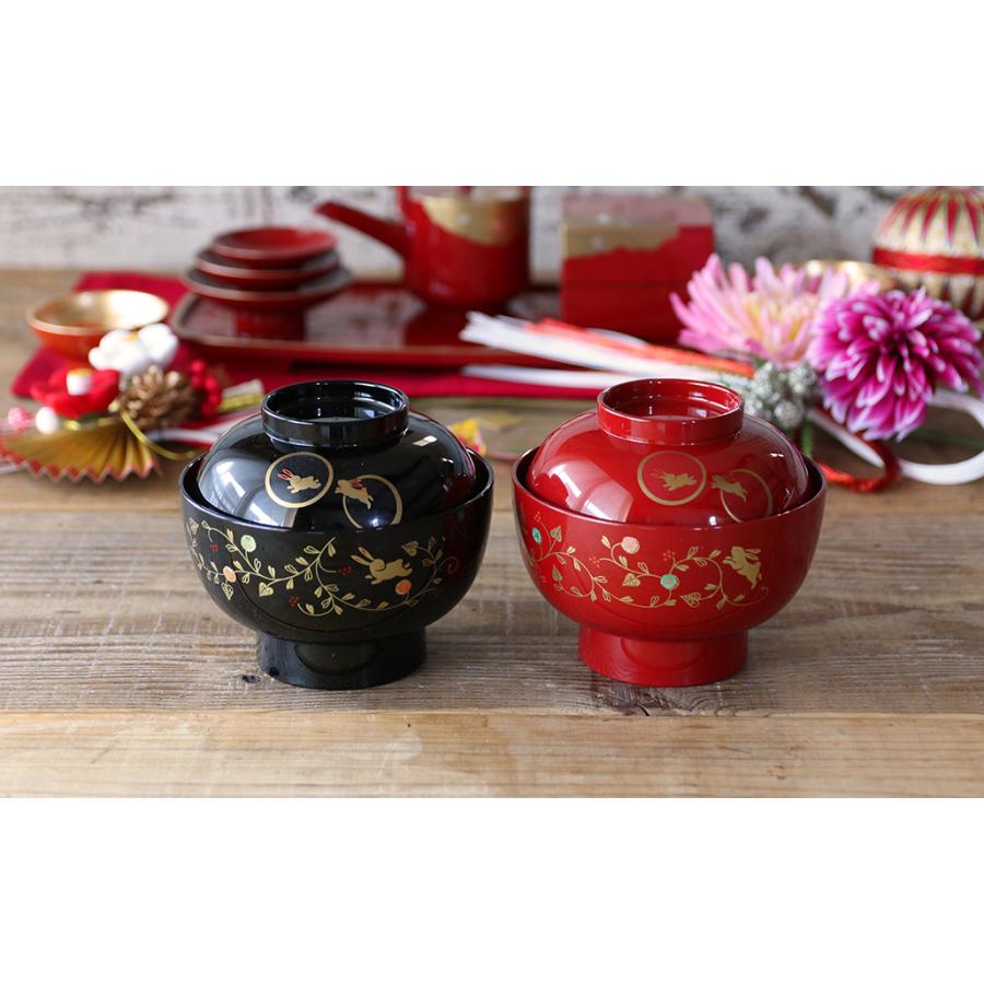 脚付き吸物膳　5枚　漆器　蔵出し品 うさぎ唐草 ふた付き 高台 雑煮椀 13.5cm (総朱 レッド) 漆器 山中塗