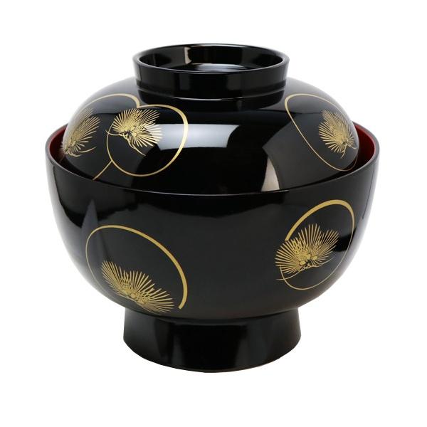 光輪松 ふた付き 高台 雑煮椀 13.5cm (黒内朱 ブラック) 漆器 山中塗