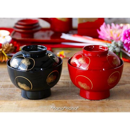 光輪松 ふた付き 高台 雑煮椀 13.5cm (黒内朱 ブラック) 漆器 山中塗