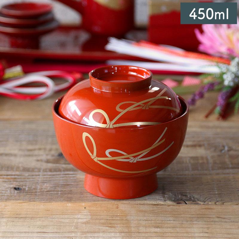 結び ふた付き 高台 雑煮椀 13.5cm (総朱 レッド) 漆器 山中塗 // 食器