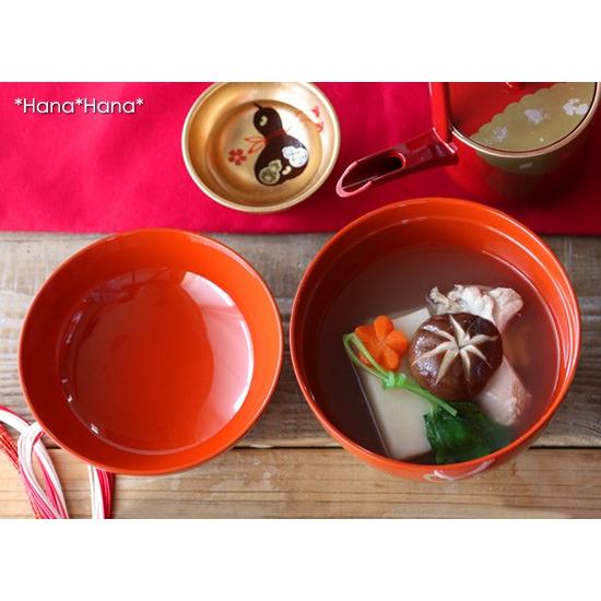 結び ふた付き 高台 雑煮椀 13.5cm (総朱 レッド) 漆器 山中塗 // 食器