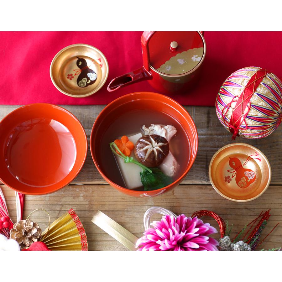 結び ふた付き 高台 雑煮椀 13.5cm (総朱 レッド) 漆器 山中塗 // 食器