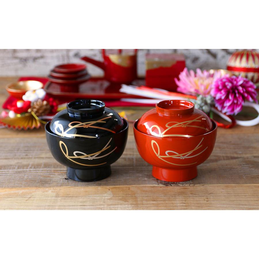 結び ふた付き 高台 雑煮椀 13.5cm (総朱 レッド) 漆器 山中塗 // 食器