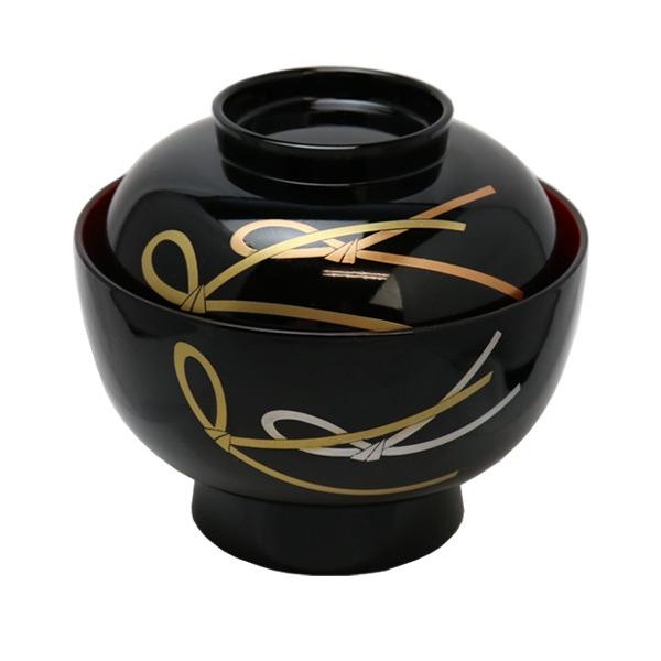 結び ふた付き 高台 雑煮椀 13.5cm (黒内朱 ブラック) 漆器 山中塗