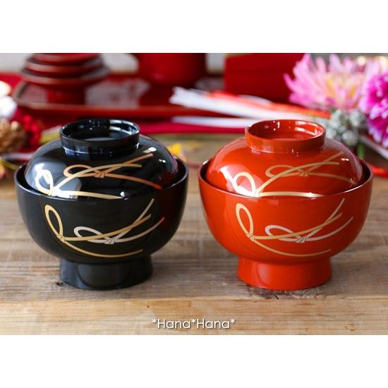 結び ふた付き 高台 雑煮椀 13.5cm (黒内朱 ブラック) 漆器 山中塗