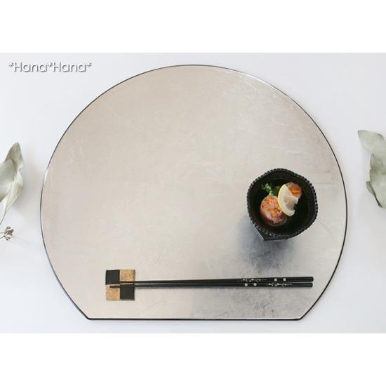 半月フラットプレイスマット S 35.6cm (シルバー洋銀箔) 漆器 // 折敷