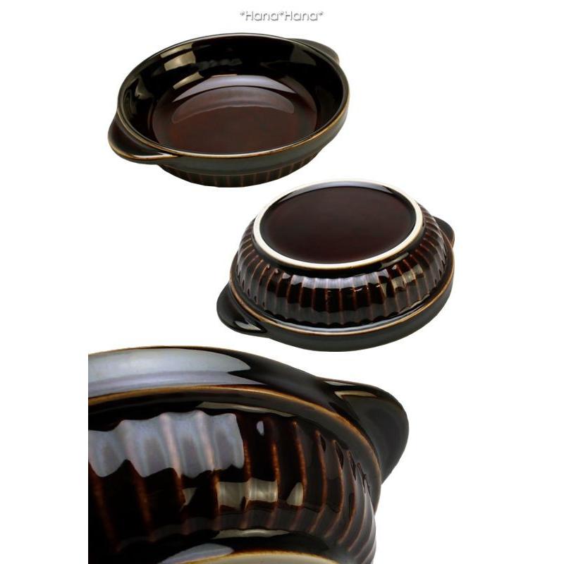 金正陶器 アメブラウン ライン入り耳付き丸 グラタン皿 直径15.6cm L18