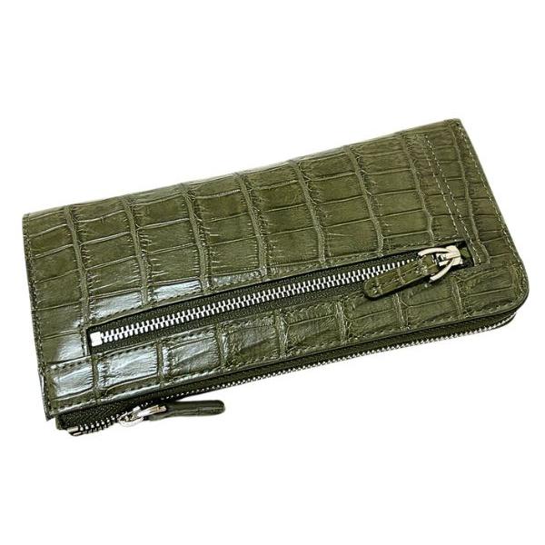 財布 クロコダイル カーキ グリーン 長財布 本革 ワニ革 マット 