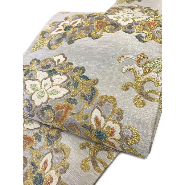 袋帯 平等院鳳凰堂木彫金唐草 京都西陣織袋帯No.2293 廣部商事謹製 シルバー 未仕立て 袋帯 訪問着 色無地 留袖 送料無料