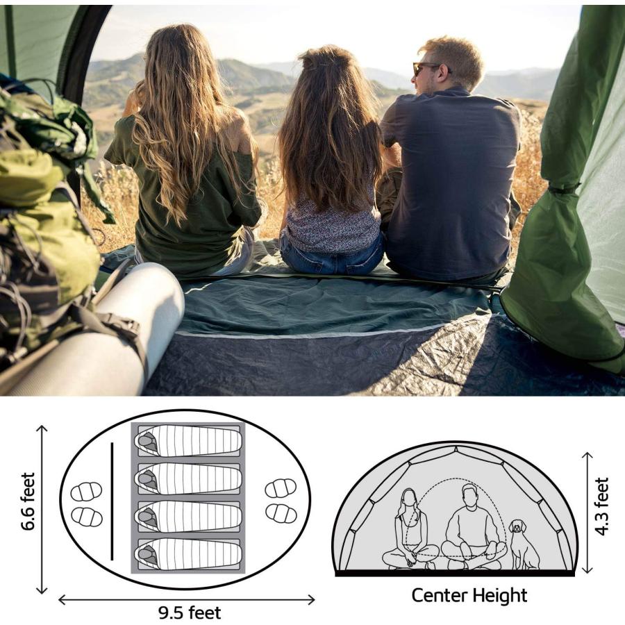 100%品質保証 4人用 簡単ポップアップテント 9.5フィートX6.6フィートX52インチ 防水 自動設定 2ドア インスタントファミリーテント キャンプ/ハイキング/旅行に
