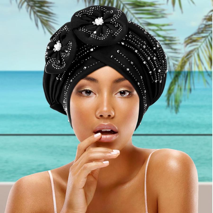 【正規品】の通販 Yahenda 6 Pcs Turban Head Wraps for Women Girls African Turban Hats Flower Faux Pearls Twisted Women´s Head Scarf Pre Tied Rhinestone Beanie Cap 6