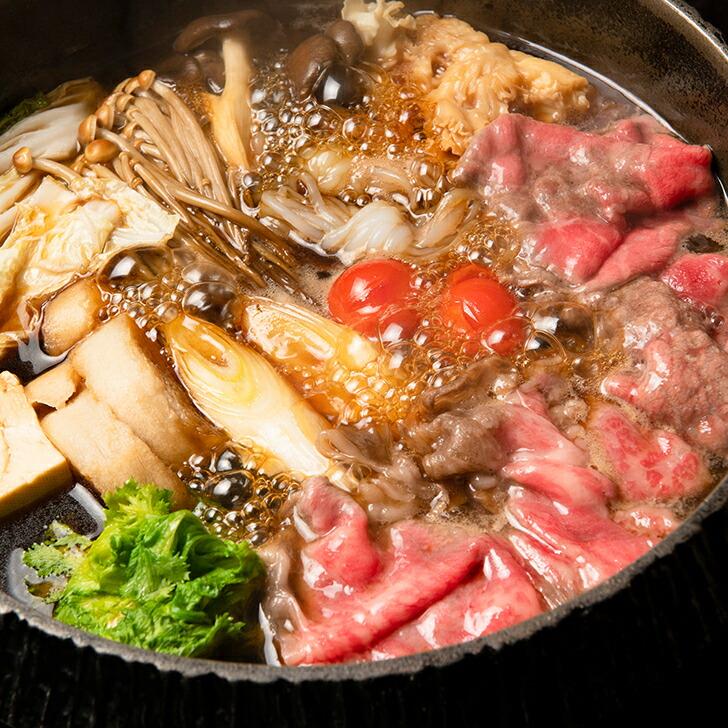 黒毛和牛 A5 霜降りもも すき焼きセット 540g 3〜4人前【化粧箱】冷蔵便 牛肉 すき焼きギフト すき焼き 野菜付き アローカナ卵 伊勢うどん 銀座塒 のし対応｜hanadaikon｜02