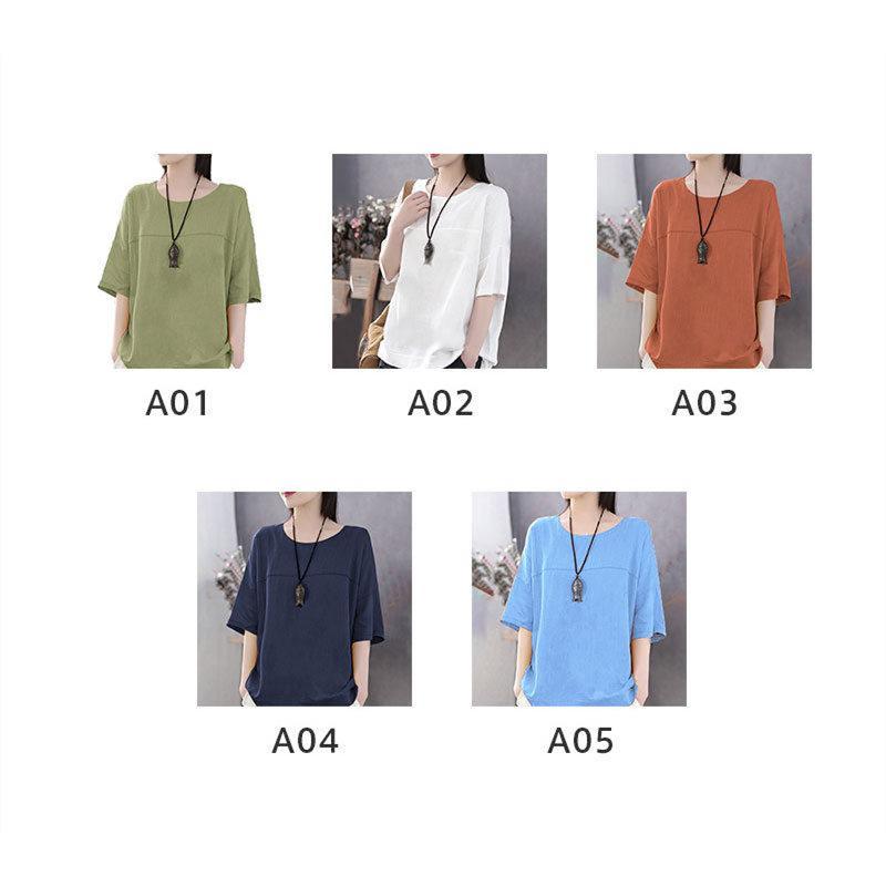 Tシャツ レディース 半袖 トップス カットソー カジュアル 綿麻 快適 無地 薄手 涼しい ルームウェア ゆったり 春 夏 セール 送料無料 |  | 01