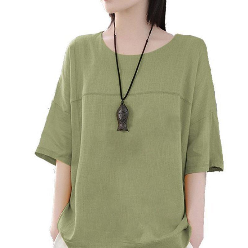 Tシャツ レディース 半袖 トップス カットソー カジュアル 綿麻 快適 無地 薄手 涼しい ルームウェア ゆったり 春 夏 セール 送料無料 |  | 03
