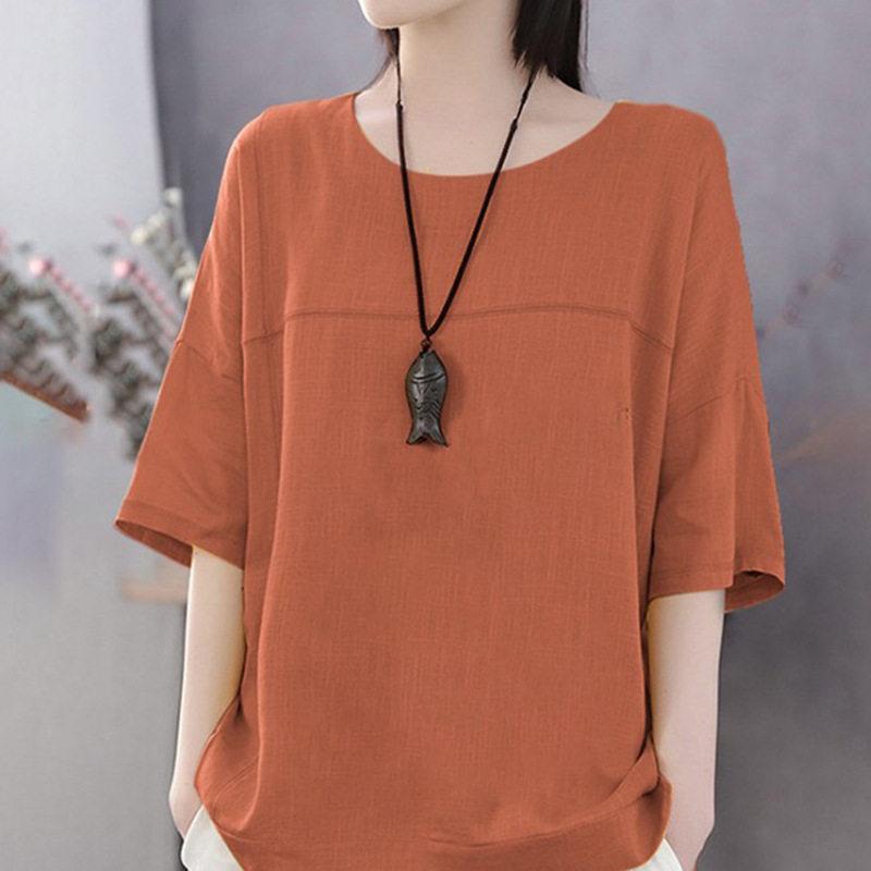 Tシャツ レディース 半袖 トップス カットソー カジュアル 綿麻 快適 無地 薄手 涼しい ルームウェア ゆったり 春 夏 セール 送料無料 |  | 05