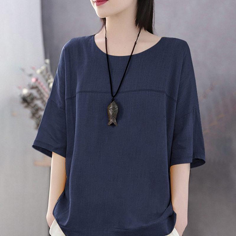 Tシャツ レディース 半袖 トップス カットソー カジュアル 綿麻 快適 無地 薄手 涼しい ルームウェア ゆったり 春 夏 セール 送料無料 |  | 06