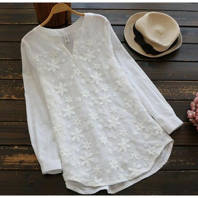 小花刺繍チュニック ブラウス tシャツ 長袖シャツ レース 長袖
