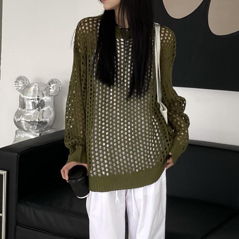 メッシュニット レディース 夏用 サマーニット 透かし編み 肌見せ 長袖