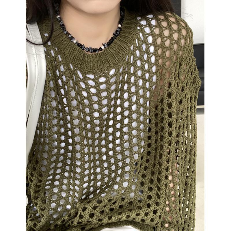 メッシュニット レディース 夏用 サマーニット 透かし編み 肌見せ 長袖