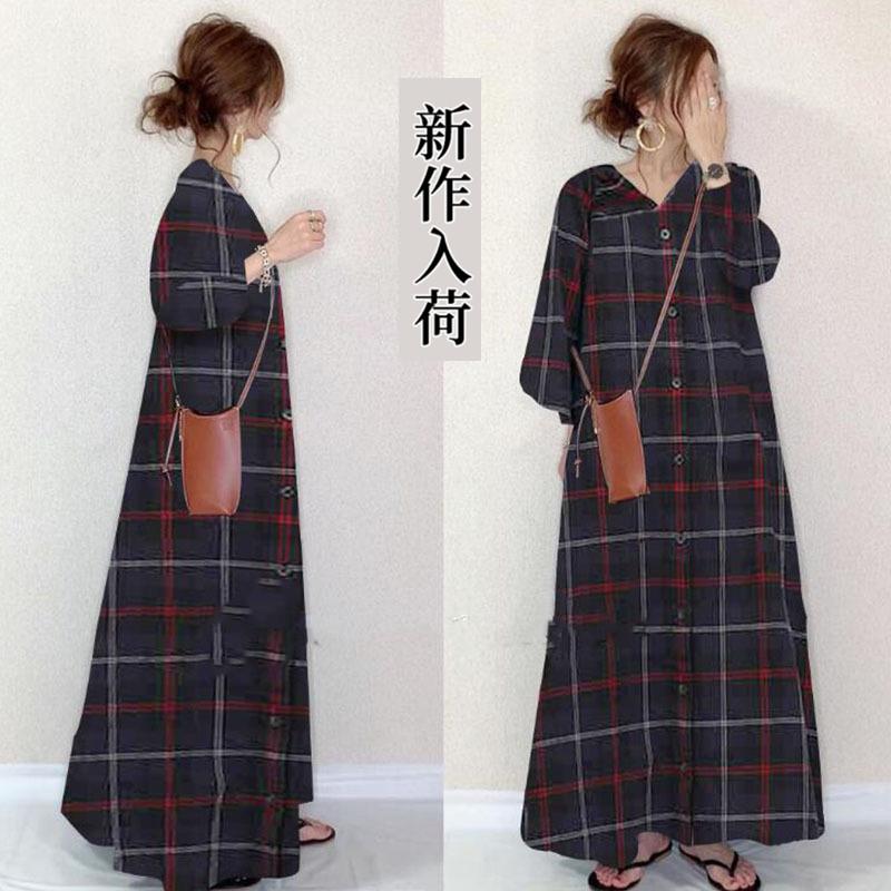 ワンピース ロングワンピース チェック柄 レディース 長袖 体型カバーシャツワンピース 上品 通勤 OL 30代 40代 着痩せ 韓国風 おしゃれ きれいめ マキシ | 