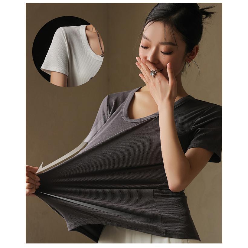tシャツ レディース 無地 クルーネック 半袖 Tシャツ リブ カジュアル 春 夏 秋 |  | 09