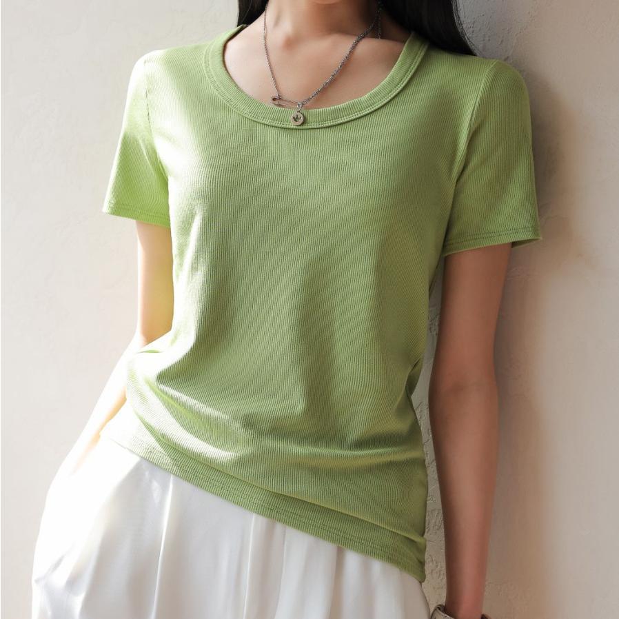 tシャツ レディース 無地 クルーネック 半袖 Tシャツ リブ カジュアル 春 夏 秋 |  | 11
