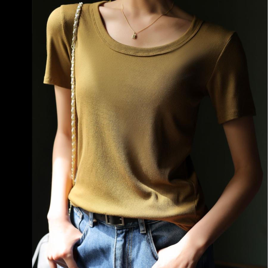 tシャツ レディース 無地 クルーネック 半袖 Tシャツ リブ カジュアル 春 夏 秋 |  | 12