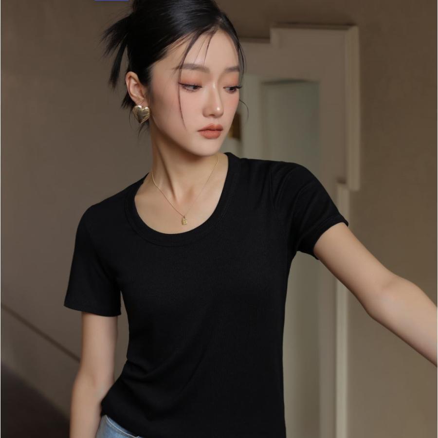 tシャツ レディース 無地 クルーネック 半袖 Tシャツ リブ カジュアル 春 夏 秋 |  | 14