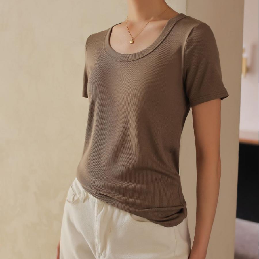 tシャツ レディース 無地 クルーネック 半袖 Tシャツ リブ カジュアル 春 夏 秋 |  | 15