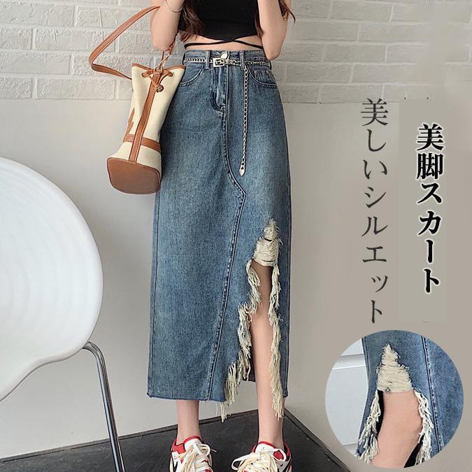 ダメージデニムAラインスカート main image 1