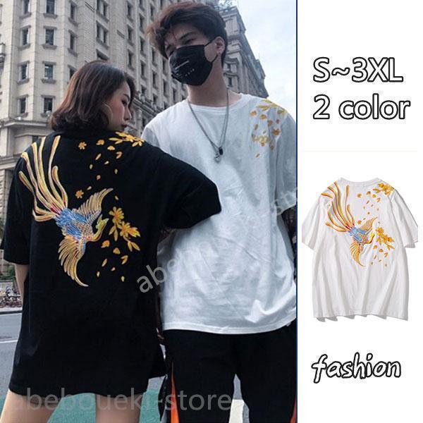 Ｔシャツ メンズ 半袖 夏服 プルオーバー トップス カジュアル ゆったり 和風 和柄 お兄系 刺繍 鳳凰 おしゃれ アウトドア 人気 夏サマー | 