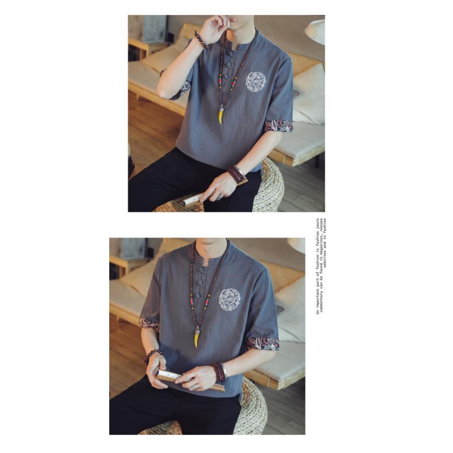 夏新作 Tシャツ メンズ 半袖 トップス 半袖Tシャツ 刺繍 綿麻 柄 夏 夏服 メンズファッション かっこいい カジュアル シンプル |  | 14