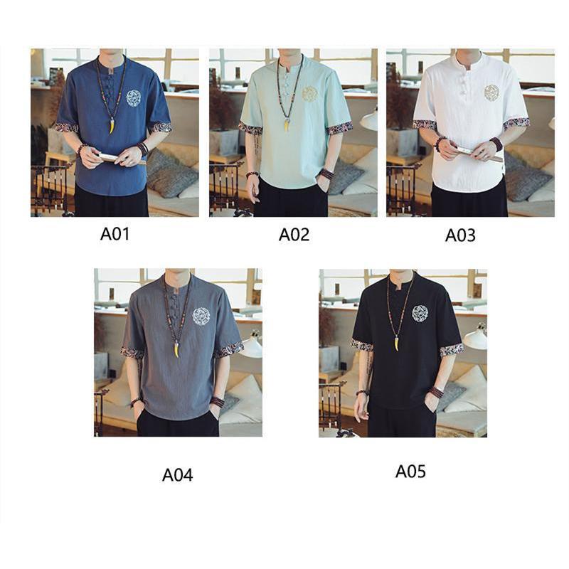 夏新作 Tシャツ メンズ 半袖 トップス 半袖Tシャツ 刺繍 綿麻 柄 夏 夏服 メンズファッション かっこいい カジュアル シンプル |  | 01