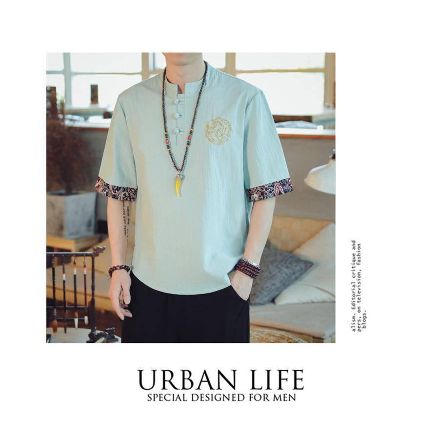 夏新作 Tシャツ メンズ 半袖 トップス 半袖Tシャツ 刺繍 綿麻 柄 夏 夏服 メンズファッション かっこいい カジュアル シンプル |  | 20