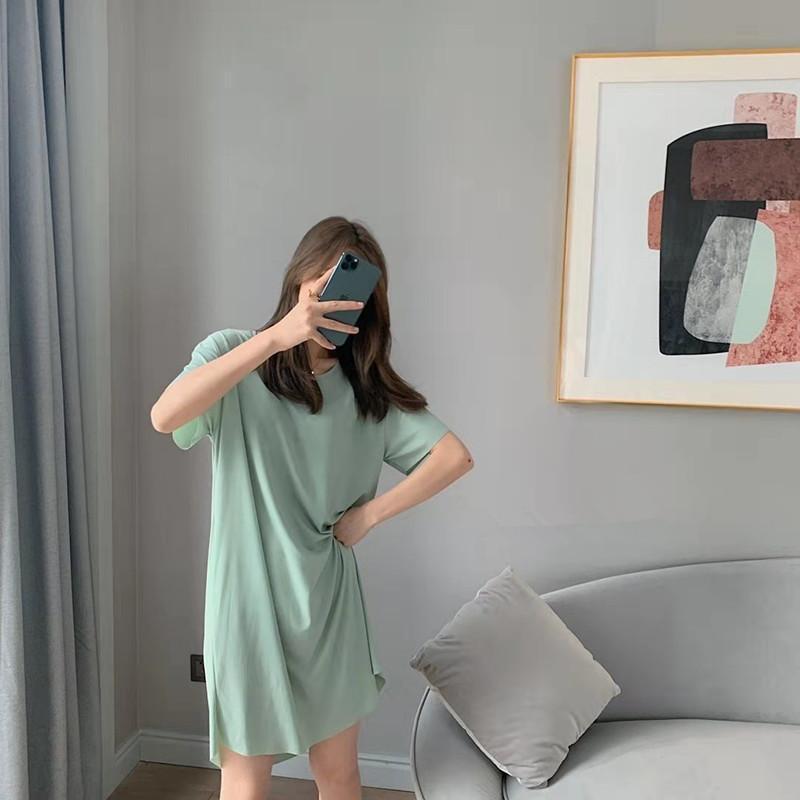 ワンピース レディース 半袖 チュニック トップス ロングTシャツ 無地 カジュアル カットソー ゆったり 薄手 おしゃれ ルームウェア 春夏 |  | 04