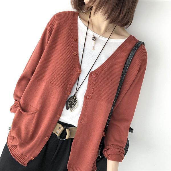 カーディガン レディース ニットウェア 胸ポケット付き Vネック 無地
