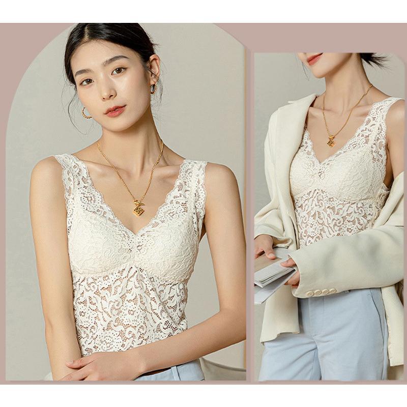 タンクトップ レディース レース インナー 花柄 パッド付き 下着 Vネック トップス ノースリーブ シンプル かわいい 重ね着 薄手 おしゃれ |  | 08
