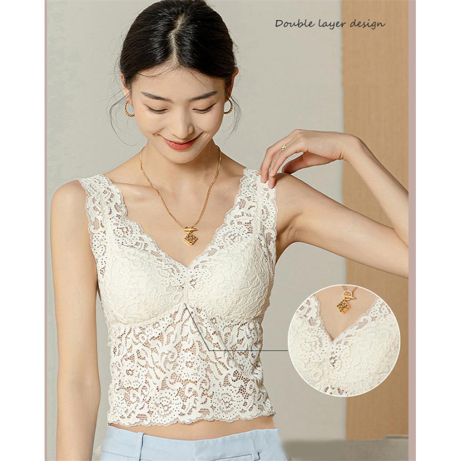 タンクトップ レディース レース インナー 花柄 パッド付き 下着 Vネック トップス ノースリーブ シンプル かわいい 重ね着 薄手 おしゃれ |  | 09